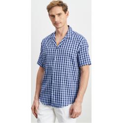 AC&Co / Altınyıldız Classics Men's Blue-Navy Blue Comfort Fit Relaxed Fit Mono Collar Plaid Short Sleeve Casual Shirt