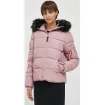 Dámské Zimní bundy s kapucí ALPHA INDUSTRIES INC. v růžové barvě z polyesteru ve velikosti M 