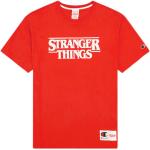 Pánská  Trička s potiskem Champion v červené barvě v retro stylu z bavlny ve velikosti L s motivem Stranger Things ve slevě 