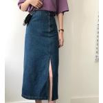 Dámské Dlouhé sukně v modré barvě v ležérním stylu z džínoviny ve velikosti 10 XL s vysokým pasem plus size 