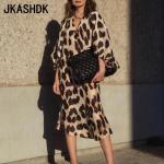Dámské Maxi šaty v ležérním stylu s leopardím vzorem ve velikosti XXL s dlouhým rukávem s výstřihem do V na podzim 