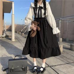 Dlouhá sukně pro ženy s volánkovým páskem Černá sukně Soft Girl Japonská Kawaii Streetwear Summer