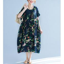 Etnické dámské šaty Barevný květinový potisk Boční kapsy Plisované Maxi šaty s krátkým rukávem Volné Jednodílné
