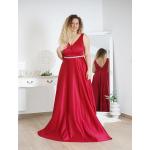 Dámské Plesové šaty v červené barvě ze saténu ve velikosti XXL s výstřihem do V s kamínky plus size 