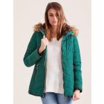 Green quilted winter jacket with fur hood