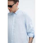 Slim fit košile Timberland v modré barvě lněné ve velikosti L s button-down límcem 