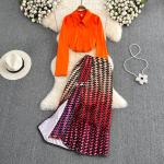 Dámské Šaty s potiskem v oranžové barvě v ležérním stylu ze syntetiky ve velikosti XXL s dlouhým rukávem s vysokým pasem plus size 