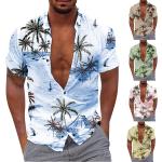 Pánské Košile s krátkým rukávem v khaki barvě v ležérním stylu s tropickým vzorem z polyesteru s krátkým rukávem s výstřihem do V na léto 