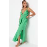 Trendyol zelené maxi tkané rozparkové 100% bavlněné plážové šaty
