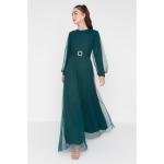 Trendyol Emerald Green Waist Belt Detailed Hijab Evening Dress