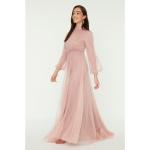 Trendyol Pink Collar and Waist Feather Detailed Sleeves Cuffed Hijab Evening Dress